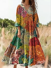 preiswerte Ausgefallene Kleider-Damen Maxikleid Sommerkleid A Linie Kleid Faltenkleid Urlaub Lässig Boho Täglich Ferien Date Blumen Grafik Langarm V Ausschnitt Orange Hell Orange