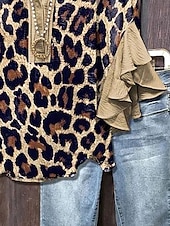 preiswerte Damen Kunst- und Design-Oberteile-Damenbluse V-Ausschnitt Grafik Leopard Gestreift Elegant Bohemia Ethnisch 3/4 Arm Reguläre Tops Tägliche Urlaubsbekleidung Druck Braun Khaki Sommer Frühling Herbst
