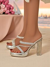 ieftine Petrecere de noapte-Sandale cu toc înalt și platformă, cu sclipici argintiu, pentru femei - pantofi eleganti, cu vârful deschis, pentru petreceri, pentru viața de noapte și evenimentele din club
