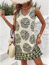 abordables Robes Boho-Femmes Mini Robe Robe d&#039;Été Vacances Boho Sortir Plage Coupe Standard Fleuri Graphique Paisley Sans manches Col Rond Noir Vert Été Printemps