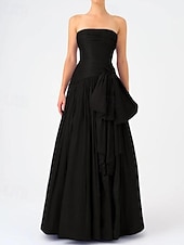 baratos LARANJA-Vestido de Noite A-Line Vestido Elegante Tafetá Casamento Formal Comprimento até o Chão Sem Mangas Sem Alças Chiffon com Laços Detalhes Ruchados