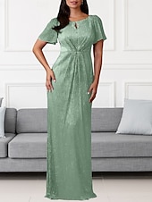 preiswerte Bodenlänge-A-Linie Brautmutterkleid Hochzeitsgast Elegant Rundhalsausschnitt Bodenlang Chiffon Kurzarm mit Raffung 2025