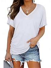 billige Plain t-skjorte-Dame Bluse Helfarge Stilfull Fritid Kortermet V-hals Vanlige topper Daglig Hvit Rosa Lilla Grå Sommer
