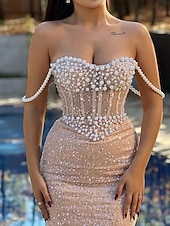 economico Champagne-Abito da sera a sirena/tromba in oro, con corsetto a vita bassa, formale, semi-formale, da sposa, lungo fino al pavimento, senza maniche, scollo a cuore, in tulle con perle glitterate e paillettes
