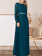 abordables Longueur du plancher-Robe A-Ligne pour Mère de la Mariée Invité de Mariage Élégante Col Arrondi Longueur Sol Chiffon Manches Longues avec Perles Ruché