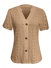 cheap Plain tee-Women&#039;s T Shirt Solid Color Plain Basic Modern Casual Short Sleeve V Neck Regular Tops Daily Weekend Buttons Eyelet White Wine Fuchsia Khaki Summer