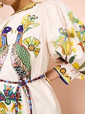 preiswerte bedruckte Kleider aus Baumwolle und Leinen-Damen Langes Kleid Maxikleid Baumwoll-Leinen-Kleider Freizeitkleid Mode Outdoor Party Ferien Normale Passform Tiermotiv Langarm Rundhalsausschnitt Beige Sommer