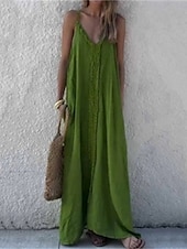 levne designové bavlněné a lněné šaty-Dámské Dlouhé šaty Maxi šaty Šaty inspirované plátnem Bavlněné lněné šaty Slip Dress Boho šaty Vinobraní Módní Venkovní Párty Dovolená Běžný Bez vzoru Bez rukávů Do V Hnědá Trávová zelená Světle šed