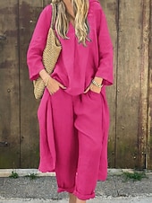 abordables Ensembles-Femmes Actif Chemises en coton et lin Chemisier Ensembles de Pantalons manche longue Col en V Couleur Unie Fête Week-end Noir Blanche Jaune Été Coupe régulière