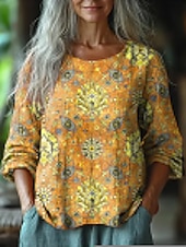 billige Kvinne Boho Topper-Kvinners Bluse Langermet Blomstermotiv Geometrisk Daglig Casual 3/4 Lengde Ermer Crew Neck Vanlige Topper Daglig Ferie Ferieklær Trykk Gul Rosa Blå Oransje Sommer Vår