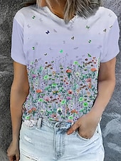 abordables T-shirt floral-Femmes T-shirt Hauts d&#039;été Fleuri Papillon Classique Occasionnel Manche Courte Col ras du cou Hauts courts Quotidien Week-end Imprimé Jaune Vert Claire Violet Été Printemps Automne