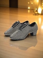 preiswerte Lateinamerikanische Schuhe-Weiße Mesh-Latein-Tanzschuhe für Damen mit niedrigem, klobigem Absatz und funkelnden Strasssteinen – atmungsaktives, professionelles Standardschuhwerk für Künstler und Wettbewerbe
