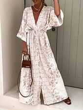 levne Elegantní květinové šaty-Dámské Dlouhé šaty Maxi šaty Swingové šaty Květinové šaty Šaty s potiskem Módní Moderní Venkovní Dovolená Jdeme ven Běžný Květiny 3/4 délka rukávu Do V Vodní modrá Trávová zelená Béžová Léto