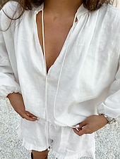 voordelige Stelt in-Dames Actief Overhemd Blouse Shorts Sets Lange mouw V-hals Effen Kleur Met ruches Buiten Feestdagen Wit Blozend Roze Zwembad Zomer Normale pasvorm