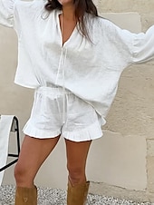 abordables Ensembles-Femmes Actif Chemises en coton et lin Chemisier Ensembles de Shorts manche longue Col en V Couleur Unie Froncé Décontracté Quotidien Week-end Noir Blanche Rose Claire Été Coupe régulière