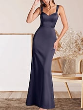 cheap Floor Length-Mermaid / Trumpet Mother of the Bride Dress Wedding Guest Elegant Minimalist V Neck Floor Length Satin Sleeveless with Ruching