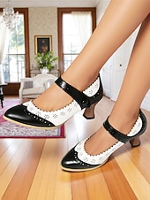 cheap Victorian &amp; Edwardian-Women's 1900s Edwardian Vintage Gatsby Mary Jane Shoes-Green and White Leather Cutout Heels with Scalloped Edge, Perfect for Historical Costumes, Retro Parties, and Daily Wear