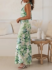 cheap Print Floral Dresses-Women's Long Dress Maxi Dress Floral Dress Halter Neck Dress Fashion Modern Vacation Going out Weekend Regular Fit Flower Sleeveless Halter Neck Yellow Pink Green Summer