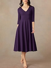 economico Lunghezza del tè-Abito A-Line madre della sposa ospite matrimonio elegante minimalista scollatura a V lunghezza tè in raso italiano manica a tre quarti con drappeggio
