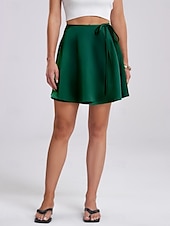 abordables Jupes unies-Jupe femme A ligne Couleur unie Mode Décontractée Mini Jupe taille haute Uni Plissé Micro-élastique Street Daily Noir Champagne Marron Vert Été Satin