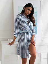 ieftine Rochii casual florale-Pentru femei Rochie Mini Rochii Tip Cămașă Rochie imprimata Elegant Zilnic Ieșire Fit regulat Leopard Dungi Manșon Lung Guler Cămașă Leopard Roz Îmbujorat Albastru piscină Toamnă
