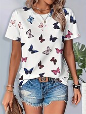 cheap Art&amp;Design tee-Women&#039;s T Shirt Graphic Animal Butterfly Vintage Stylish Classic Short Sleeve Crew Neck Round Neck Regular Tops Daily Weekend Print White Summer Spring