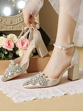 cheap Bride-Women's Pearl and Rhinestone Block Heels – Pointed-Toe Satin Bridal Wedding Pumps – Elegant Ivory High Heels