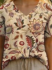 abordables T-shirt Boho-Femmes T-shirt Fleuri Graphique Plantes Bohème Élégant Occasionnel Manche Courte Col en V Hauts Réguliers Quotidien Imprimé Jaune Bleu Violet Vert Été Printemps