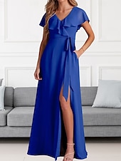 cheap Bridesmaid Dresses-A-Line Bridesmaid Dress V Neck Short Sleeve Elegant Floor Length Chiffon with Sash / Ribbon / Ruffles / Split Front