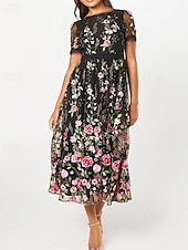 voordelige Thee Lengte-A-Lijn Cocktailjurken Elegante Jurk Semi Formele Bruiloft Thee Lengte Korte Mouwen Crew Hals Kant met Bloemen Borduurwerk