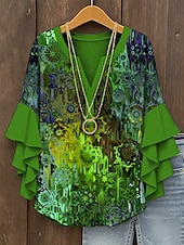 preiswerte Damen Boho Tops-Damen Retro-Bluse mit geschichteten Rüschärmel Vintage Grafisch Abstrakt Bohemia Vintage Tägliche 3/4-Ärmel V-Ausschnitt Reguläre Tops Tägliche Urlaubsferien Bekleidung Print Rot Blau Lila Grün Sommer