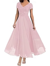 preiswerte Bodenlänge-A-Linie Brautmutterkleid Elegant V Ausschnitt Bodenlang Polyester Kurzarm mit Einfarbig 2025