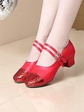 preiswerte Lateinamerikanische Schuhe-Damen-Tanzschuhe mit goldener Glitzerspitze und Doppelriemen – professionelle Standard-Latein-Tanzschuhe mit niedrigem Absatz für Auftritte und Tanzkurse