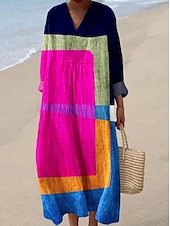 cheap Stripe&amp;Geometric Dress-Women&#039;s Midi Dress Sundress A Line Dress Vacation Casual Boho Going out Beach Graphic Geometric Stripe Long Sleeve V Neck Black Yellow Dark Pink Blue Summer Spring