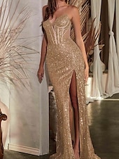 voordelige Schoolfeestjurken-Felle roze drop waist jurk zeemeermin  trompet prom jurken elegante jurk formele semi-formele bruiloft sweep  brush train mouwloos plunge hals met glitter sequins split