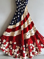 cheap Independence Day Dress-Independence Day Women&#039;s Patriotic Fourth of July Maxi Dress Sundress A Line Dress Slip Dress Vacation Casual Going out Beach Regular Fit Graphic National Flag Sleeveless V Neck Red Summer Spring