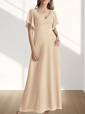 preiswerte Bodenlänge-A-Linie Brautmutterkleid Hochzeitsgast Elegant Süß V Ausschnitt Bodenlang Chiffon Kurzarm mit Raffung 2025