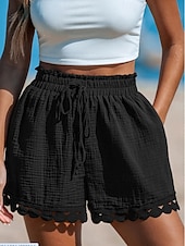 baratos Shorts jeans-Mulheres chinês Calção Roupa de rua Estilo Étnico Básico Curto Cintura Alta Tecido Bolsos Cintura elástica Confortável Macio Micro-Elástica Ao ar livre Férias Rua Preto Branco Rosa Azul Verão Normal