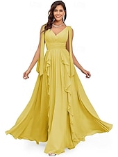 baratos Vestidos de Noite-Vestidos de Quinceanera A-Line Vestido Elegante Performance Natal Comprimento do Chão Sem Mangas Decote V Chiffon Costas Nuas com Pregas