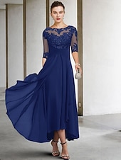 voordelige Vloerlengte-A-Lijn Moeder van de Bruid Jurk Bruidsgast Elegant Plus Size Hoog Laag V-Hals Asymmetrisch Enkel Lengte Chiffon Kant Halve Mouw met Beading Applicaties gratis maatwerk