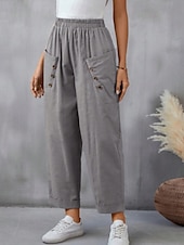 abordables Pantalon uni en coton et lin-Femmes Pantalon en coton et lin Slacks Mode Streetwear Longueur complète Naturel Uni Avec Poches Taille Élastique Confortable Sortir Week-end Chameau Noir Rose Bleu Été Coupe régulière