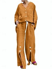 abordables Ensembles-Femmes Actif Basique Ensembles en coton et lin manche longue Col en V Couleur Unie Décontracté Quotidien Noir Blanche Jaune Été Coupe régulière