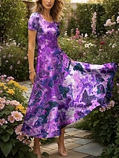 preiswerte Kunst &amp; Design Kleider-Damen Maxikleid Freizeitkleid A Linie Kleid Sommerkleid Elegant Urlaub Lässig Normale Passform Grafik Abstrakt Marmor Kurzarm Quadrathals Rote Blau Purpur Grün Sommer Frühling