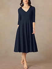 economico Lunghezza del tè-Abito A-Line madre della sposa ospite matrimonio elegante minimalista scollatura a V lunghezza tè in raso italiano manica a tre quarti con drappeggio