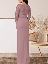 levne Délka podlahy-Sloupec  Sloupové šaty matky nevěsty Svatební Host Elegantní Čtvercový Krk Délka Podlahy Chiffon Krajka 3/4 Dlouhý Rukáv s Krajkovým Páskem  Stuhou Krepováním