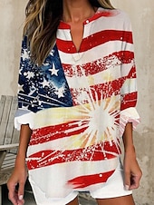cheap Independence Day Top-Independence Day Women&#039;s Patriotic Fourth of July Blouse Graphic Flag Vintage Tropical Hawaiian Long Sleeve V Neck Regular Tops Daily Holiday Beach Wear Print Yellow Red Blue Summer Spring