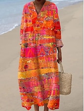 abordables Robes Rayés et Géométriques-Femmes Robe Midi Robe d&#039;Été Robe trapèze Vacances Occasionnel Boho Soirée Sortir Plage Graphique Géométrique Rayure manche longue Col en V Frêne Jaune Rose Claire Orange Été Printemps