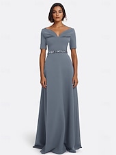 preiswerte BLAU-A-Linie Abendkleid Elegant Kleid Formell Hochzeit Bodenlang Kurzarm V Ausschnitt Stretch-Crêpe mit Perlenstickerei 2025
