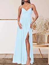 abordables Robes de demoiselle d&#039;honneur-Robe de demoiselle d&#039;honneur trapèze, col en V, sans manches, élégante, longueur au sol, en mousseline extensible avec plis / devant fendu / froncé 2025