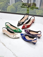 cheap Slingback Pumps-Women's Green Glossy Slingback Kitten Heels with Buckle Detail – Elegant Pointed Toe Pumps, Perfect for Office Attire, Conference Looks, Cocktail Events &amp; Summer Work Outfits